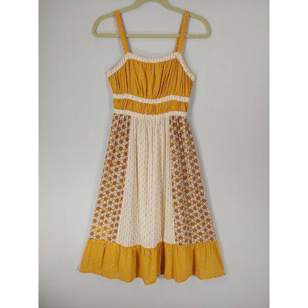 Aeropostale Patchwork Tie Back Empire Midi Dress Yellow Floral Ruffle Hem XS